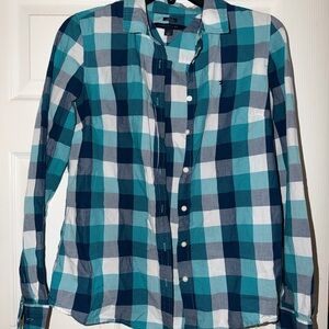 Tommy Hilfiger Teal and White Plaid Shirt
